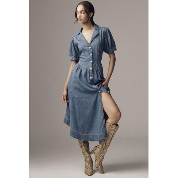 Anthropologie Pilcro Short-Sleeve Denim Midi Shirt Dress Western Festival 6P - Picture 1 of 10